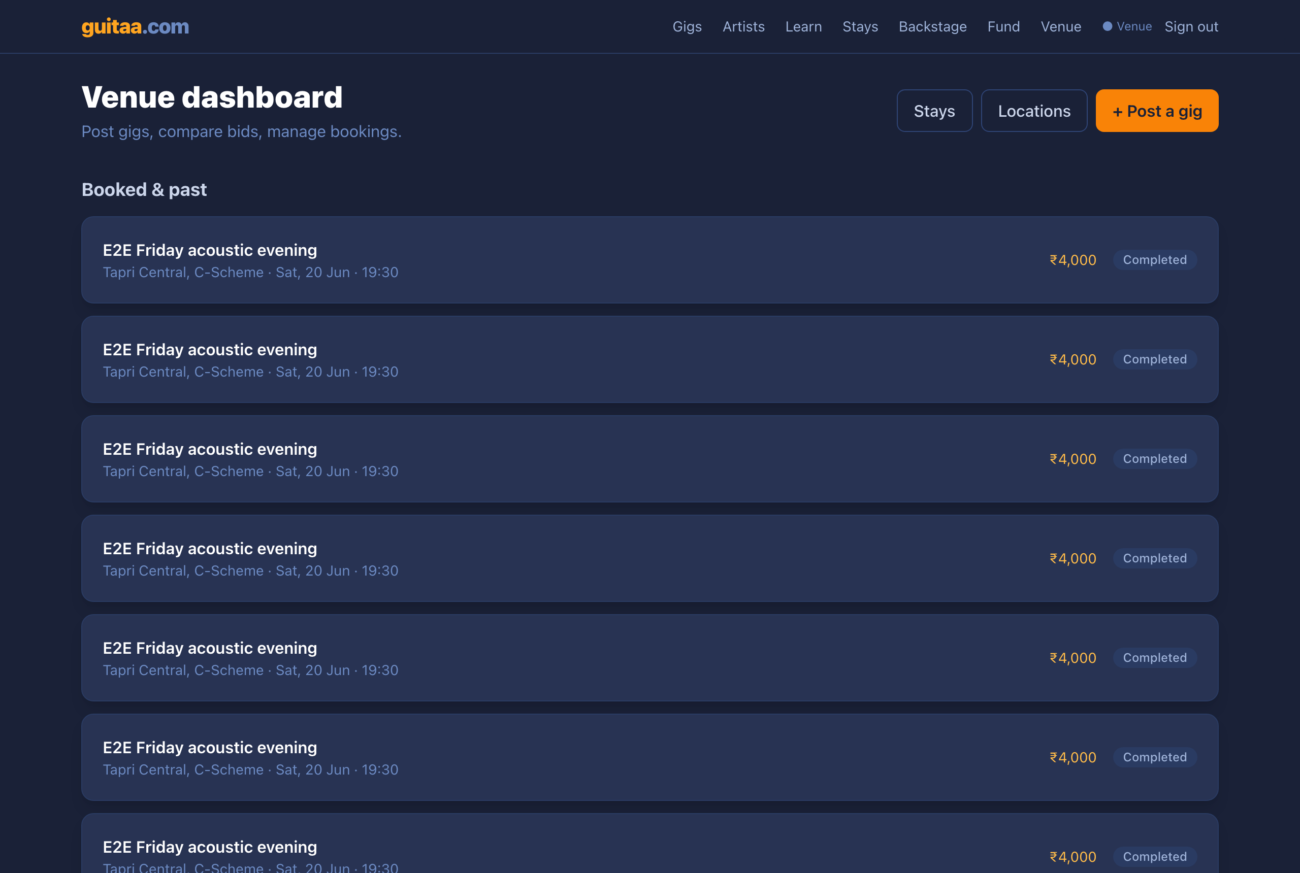 Venue dashboard